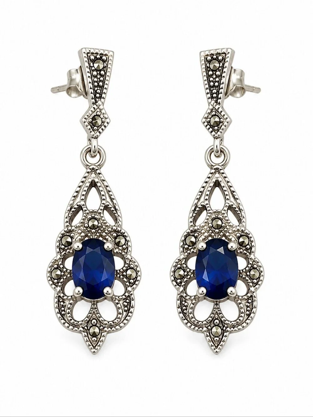 VTG Victorian Sterling Silver Blue Crystal Marcasite Formal Bridal Earrings